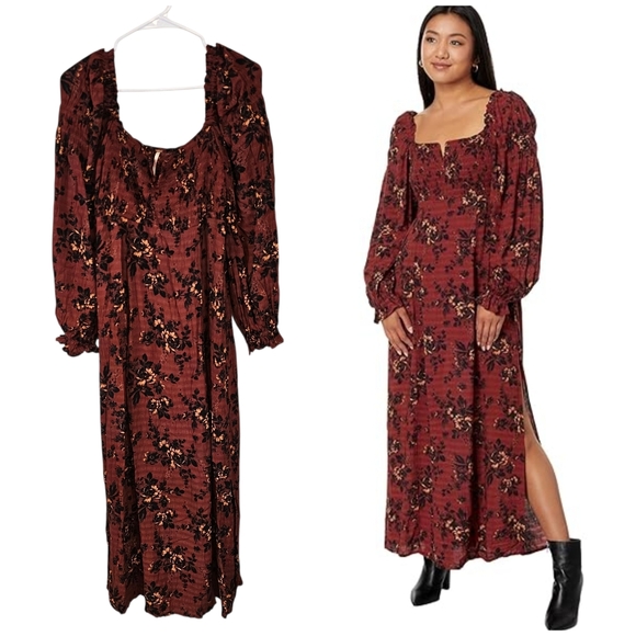 Free People Maroon Burgundy Camella Floral Smocked Maxi Dress - Picture 1 of 8